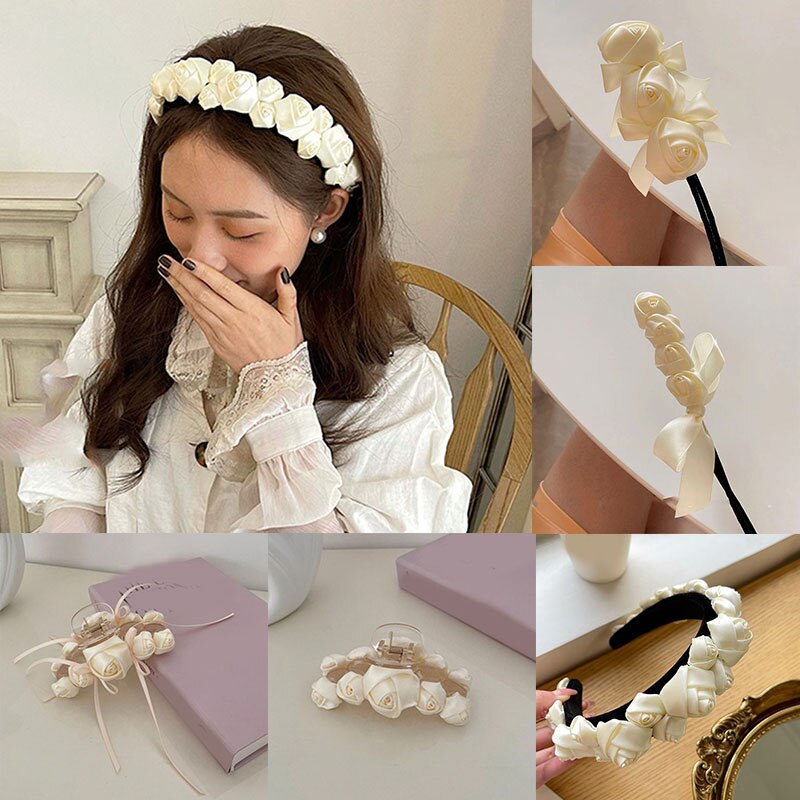 White Rose Flower Satin Headband Geometric Hair Claws Hair Clip Silk Satin Wide Head Hoop Elegant Headdress Hair Accessories