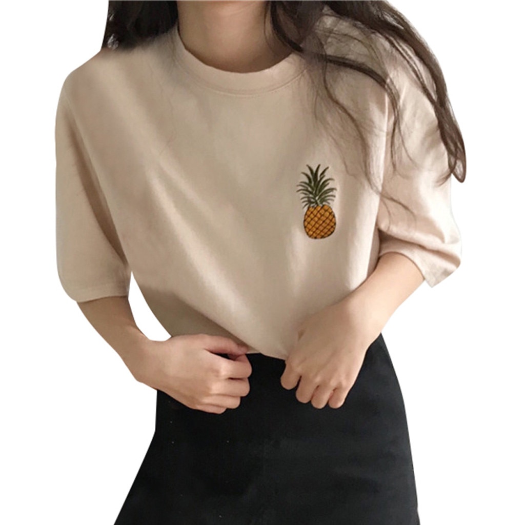 Korean Fashion T-shirts Clothing Women Oversized Pineapple Embroidery Funny Shirts Half Sleeve O-neck Loose Tops 2021