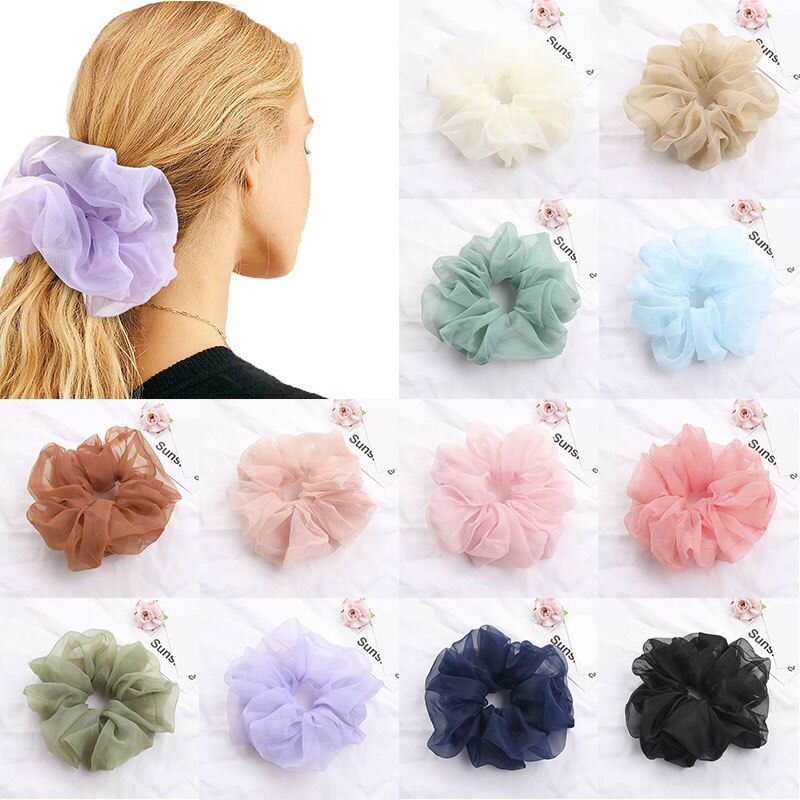 Oversize Organza Hair Scrunchie Solid Color Elastic Rubber Band Summer Thin Candy Color Girls Scrunchies French Style Hair Rope