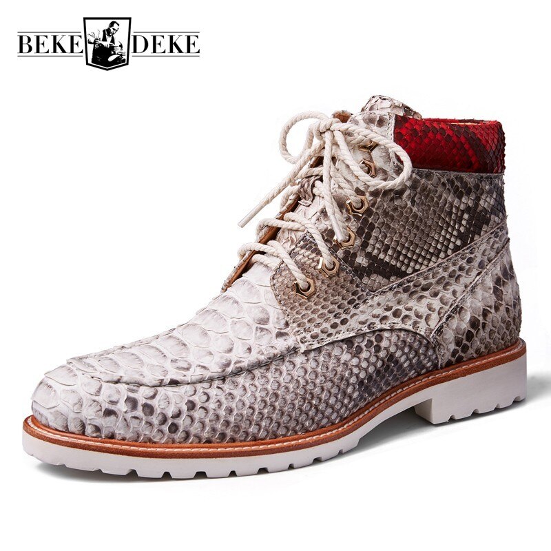 British Style 2021 New Mens Snake Skin Round Toe Lace Up Spliced High Quality Boot Vintage Non-Slip Fashion Casual Ankle Boot