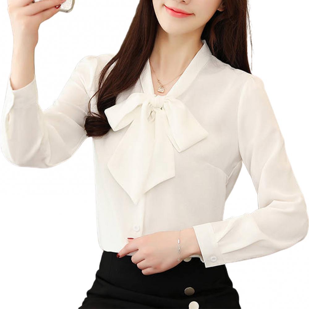 Plus Size Women Blouses Fashion Solid Color Long Puff Sleeve Blouse Buttons Necktie Bowknot Shirts chemise femme рубашка женская