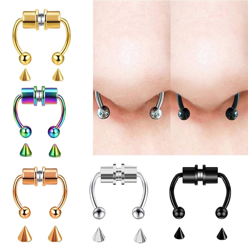 Magnetic Septum Nose Ring Horseshoe Fake Nose Ring Hoop Reusable Nose Ring Hoop Non-Piercing 316L Stainless Steel 1 Set