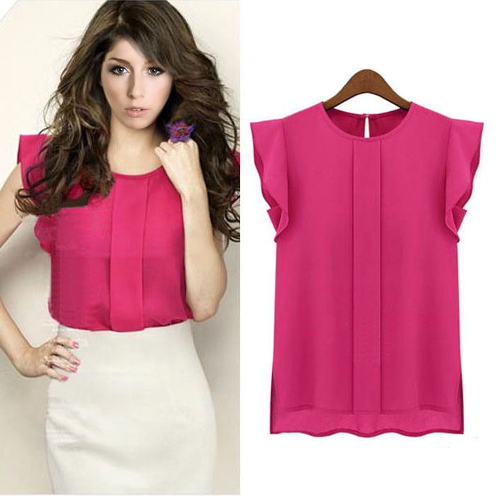 Women Summer Elegant Blouse Office Lady Solid Short Sleeve Chiffon Shirt Ruffle Top Camisas Femininas