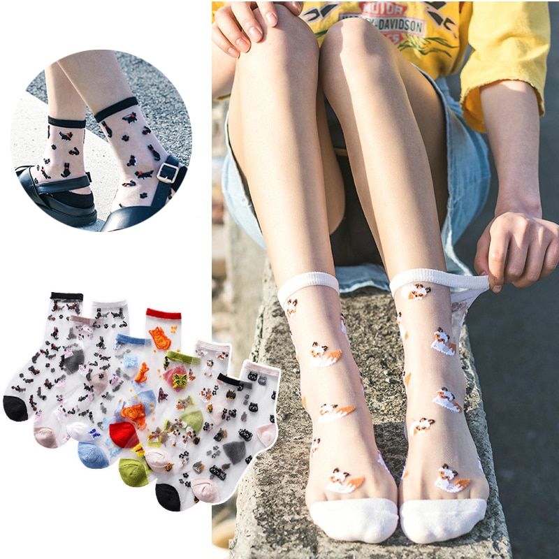 Mid-tube Crystal Silk Socks Casual Animal Printed Socks Cartoon Animal Transparent Crystal Socks Summer Thin Glass Stocking