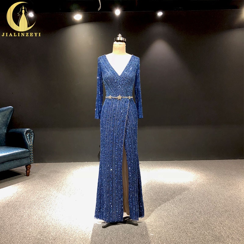 JIALINZEYI Elie Saab V Neck Long Sleeves Blue Mermaid Mother Floor Length robe de soirée de mariage Fromal dress Evening Dresses