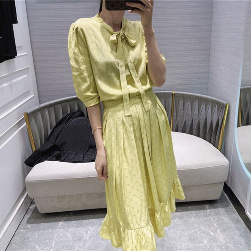 French Style Elegant Jacquard weave Dress Suits Ties Half Sleeve Women Shirts and Pleated Mid Calf Skirts Female Fashion Clothes