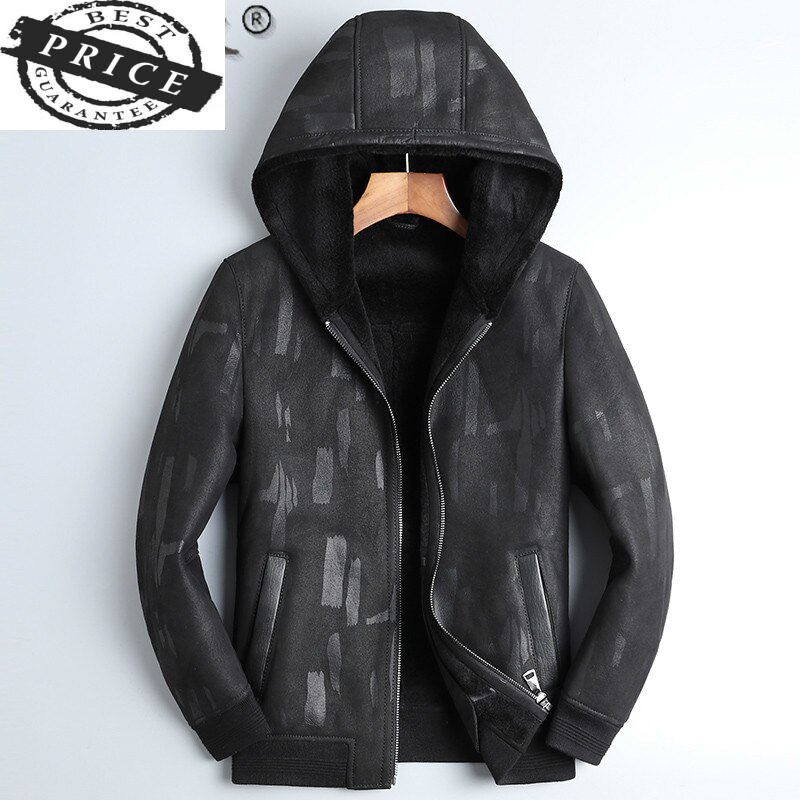 Genuine Leather Real Jacket Men Hooded Winter Sheepskin Coat Short Wool Lining Men's Leather Jackets Blouson Cuir Homme