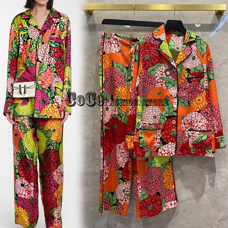 Luxury Design High End 2021 Runway 2 piece set women clothes branded bright floral print Long Sleeve shirt with wide legs pants