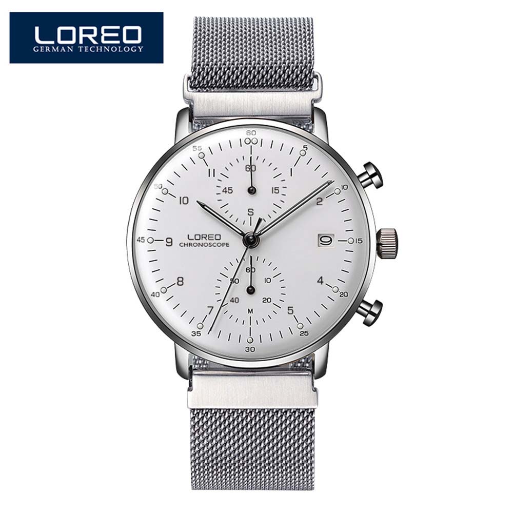 LOREO Men's Quartz-Watch 316L Stainless steel Mesh belt Date Luminous 30M Waterproof Sport WristWatch Man Quartz Watches Men