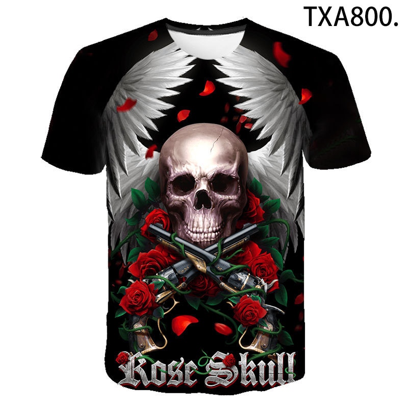 New 2021 Summer 3D Printing Devil's Wing Skeleton Gunner Men's And Women's Street Style Short Sleeve T-Shirt 130-6XL