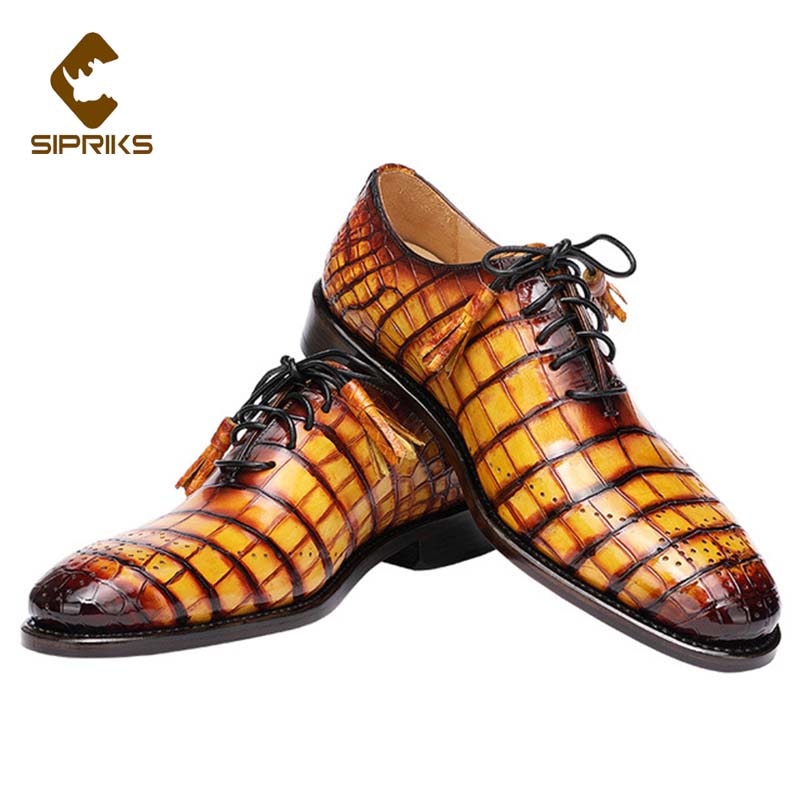 Sipriks New Arrival Original Crocodile Skin Oxfords Shoes For Men'S Goodyear Welted Dress Shoes Patina Luxury Alligator Belly