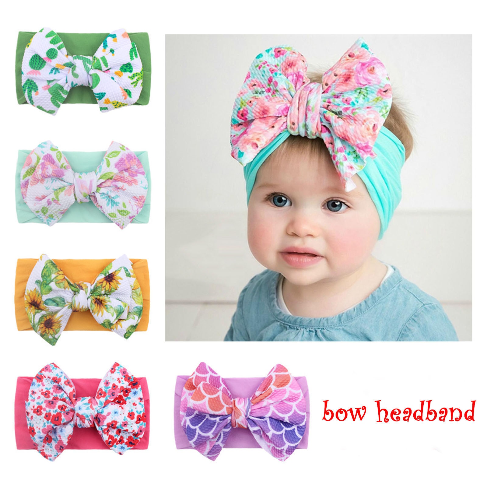 1pc Newborn Baby Cartoon Floral Flower Print Bow Headband Stretch Hairband Colourful Kid Headwear Повязка На Голову 2021