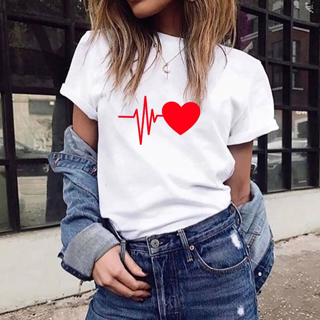 Blouse Fashion Women Love Heart Print Blouse Shirt Funny Short Sleeve Shirt Ladies Shirt O-neck Black Tees Куртка