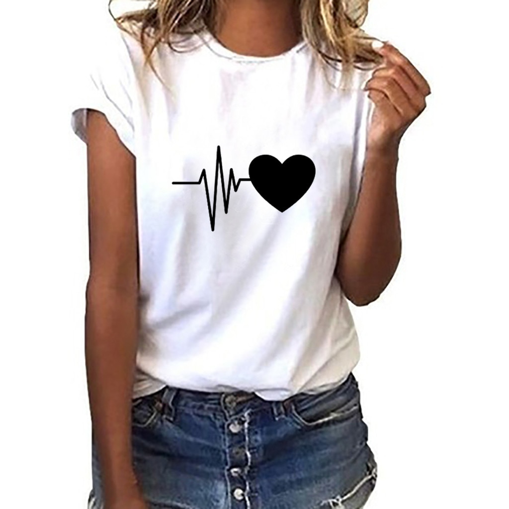 2021 New Blouse Fashion Women Love Heart Print Blouse Shirt Funny Short Sleeve Shirt Ladies Shirt O-neck Black Tees Куртка