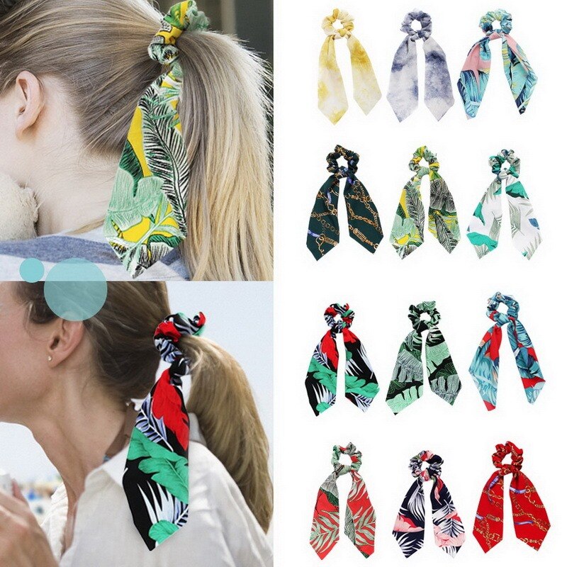 Floral Print Scrunchies for Women Elastic Hair Bands Streamers Bow Hair Scarf Hair Rope Ties Fashion Hair Accessories