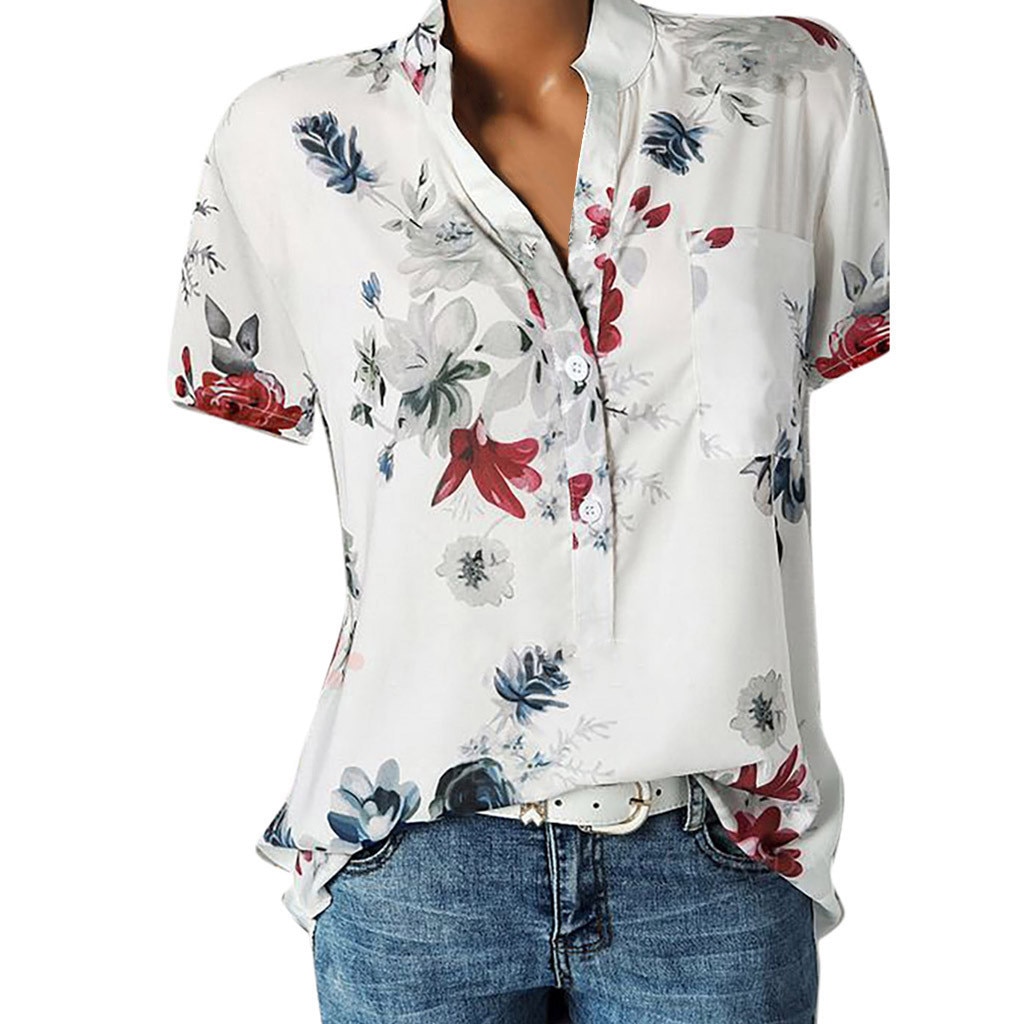 V Neck Blouse Women Printing Pocket Plus Size Short Sleeve Blouse Easy Top Women Cloth Roupas Feminina Casual Clothes