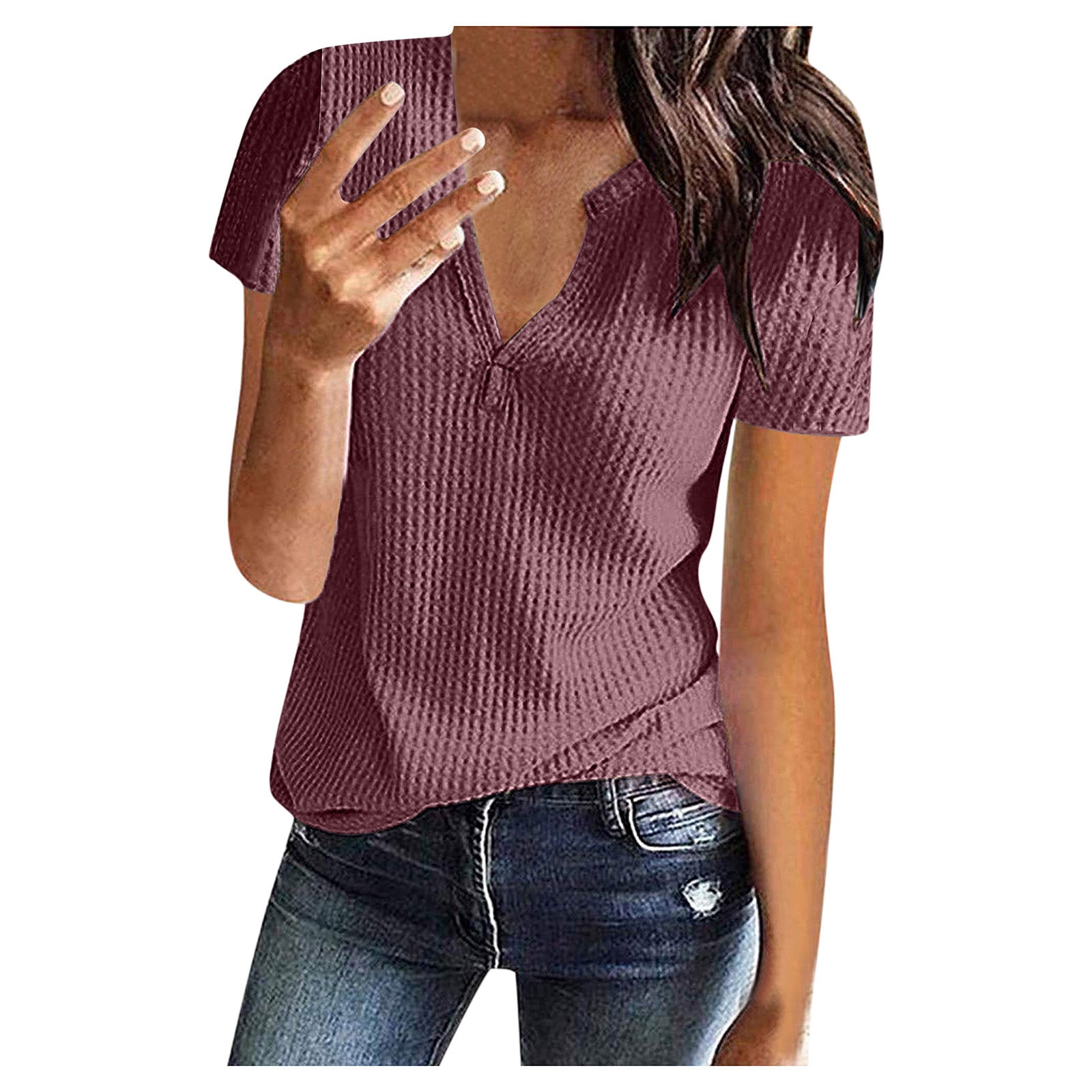 Fashionable Style Casual Women's Solid Blouse Summer Fashion Knitted Short Sleeves Tunic Top V-neck Loose Office Ladies Shirt