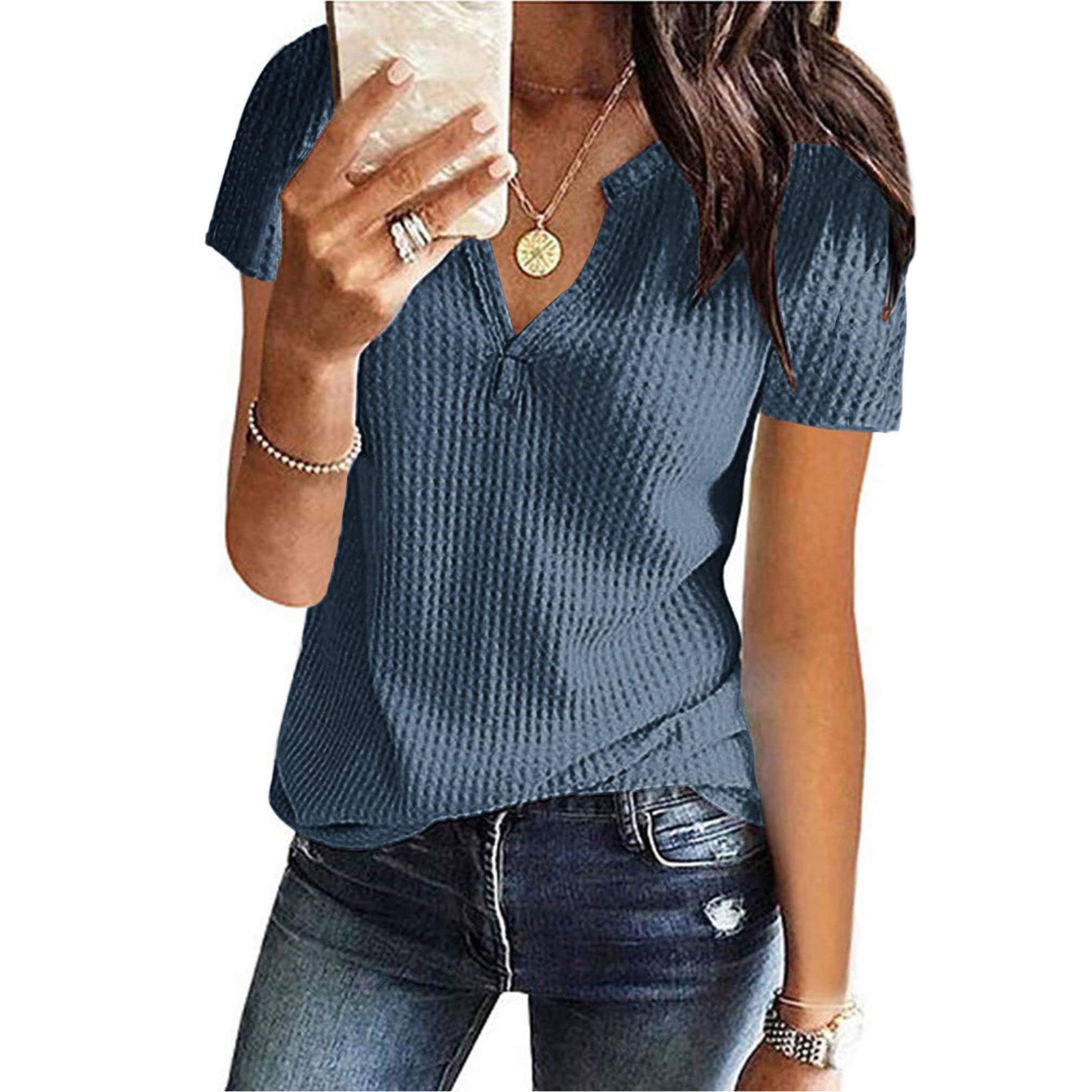 Blouse 2021 Women's Blouses Summer Tops Fashion Knit Short Sleeve Tunic Top V-neck Loose Shirt Women Clothing blusas mujer