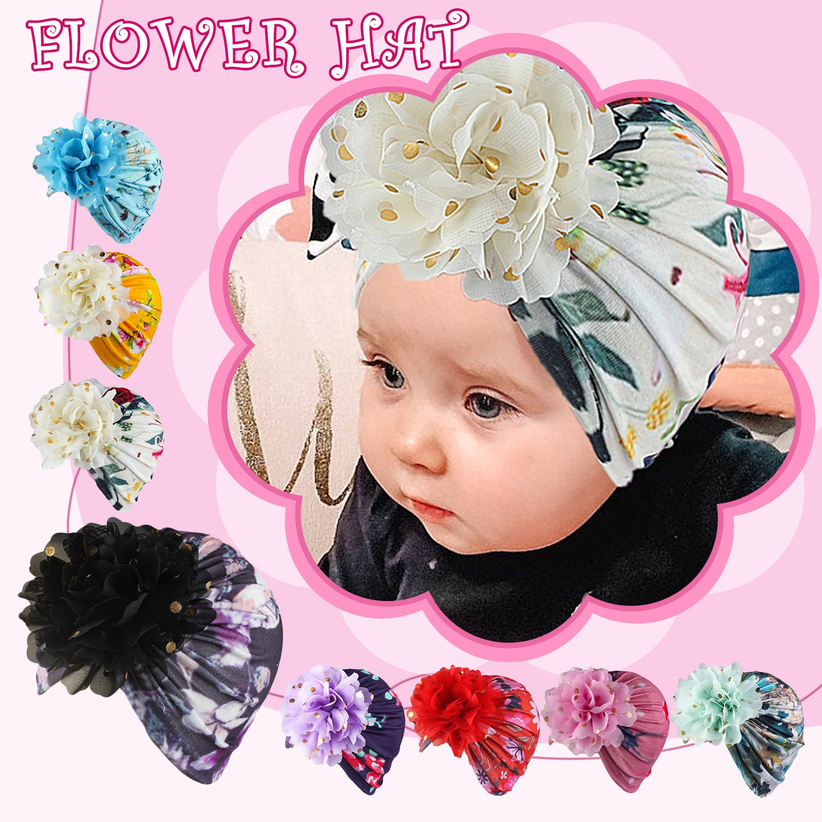 Newborn Baby Floral Flower Hat Cap Beanie Bow Headband Hair Headwear Accessories