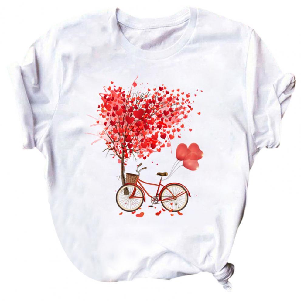 Women Polyester T-shirt Heart Print Loose Summer Round Neck Short Sleeve T-shirt for Dating Streetwear Tops