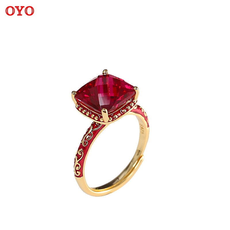 100% s925 sterling silver red corundum faceted square fashion enamel open ring for women