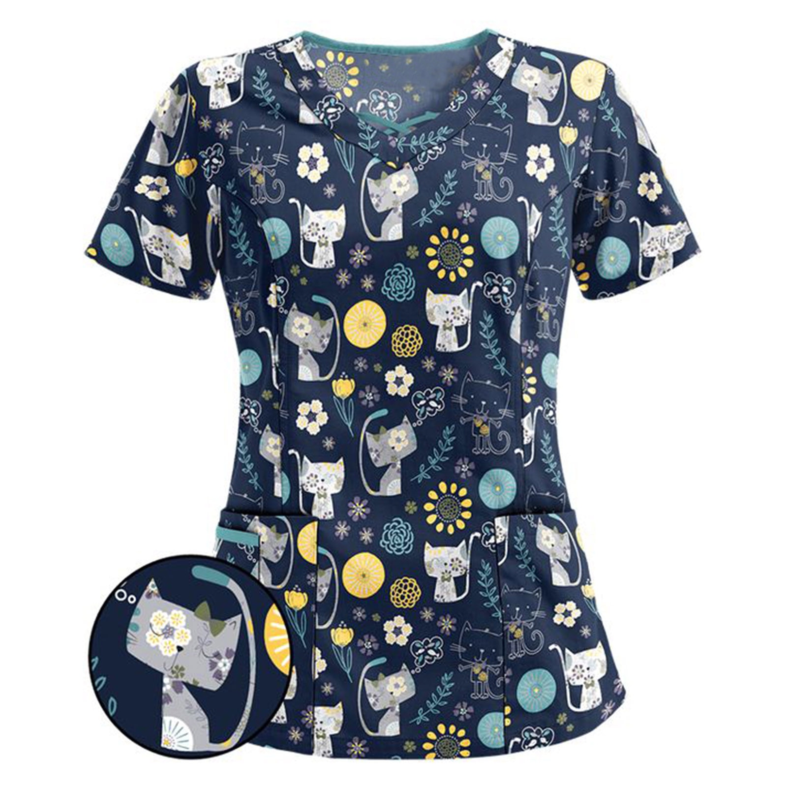 Women Short Sleeve V-neck Tops Working Uniform Cartoon Print Blouse Top Femme Women's Clothing Футболка Оверсайз 2021