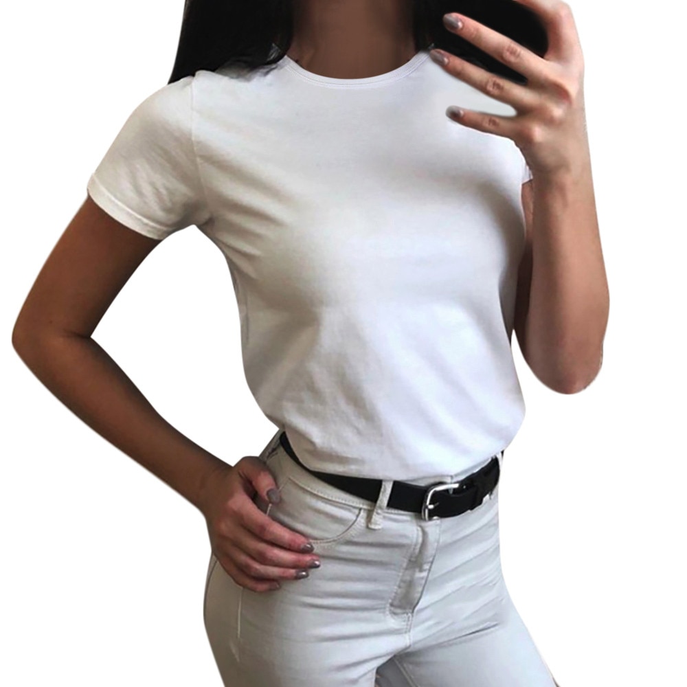 Women White Solid T-shirts Basic Summer O-neck Pure Color Short Sleeve Tshirt Slim Black Grey Tee Shirt For Women Camiseta Mujer