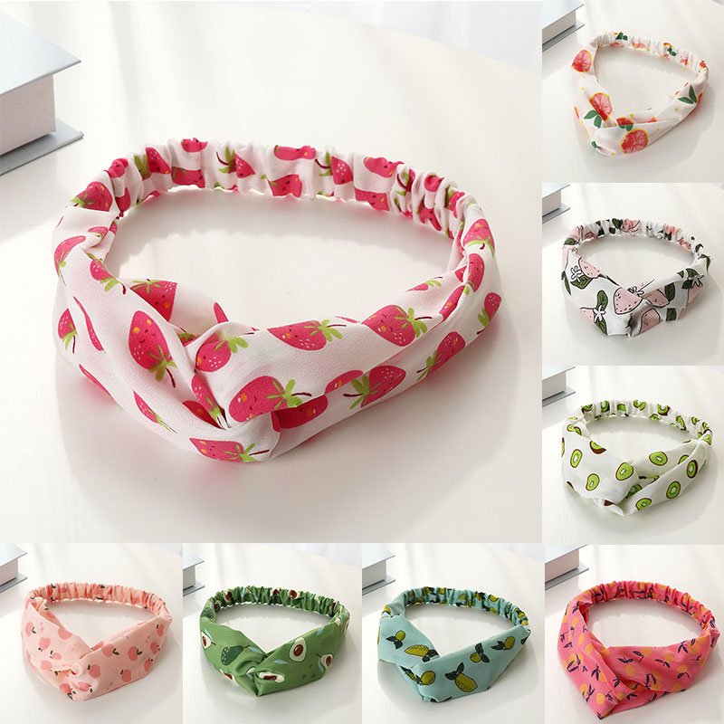 Fruit Print Hairband Summer Boho Style Headbands Elastic Hair Bands Soft Imitated Silk Turban Bandanas Cross Knotted Headwrap