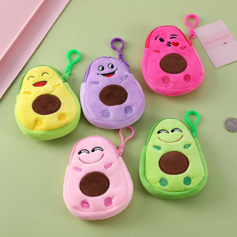 Lovely Cartoon Avocado Plush Coin Purse Wallet Funny Expression Embroidery Soft Headset Small Pouch Zipper Organizer