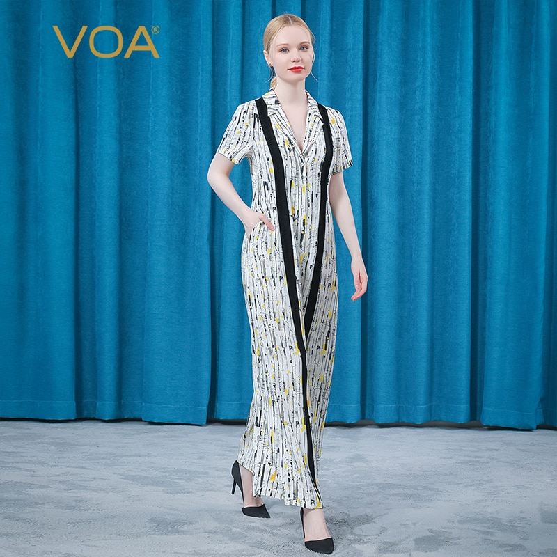 VOA Printed Silk Lapel Short Sleeve Single-breasted Tuck Pleat Elegant Temperament Wide Leg Jumpsuit Women Trousers Summer KE382