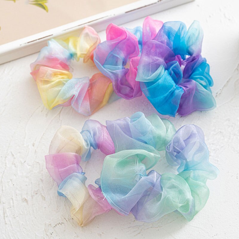 Tulle Organza Hair Ties Tie-Dye Colorful Rubber Bands Transparent Elastic Hair Rope Ring Hairband Ponytail Holder Hair Accessory