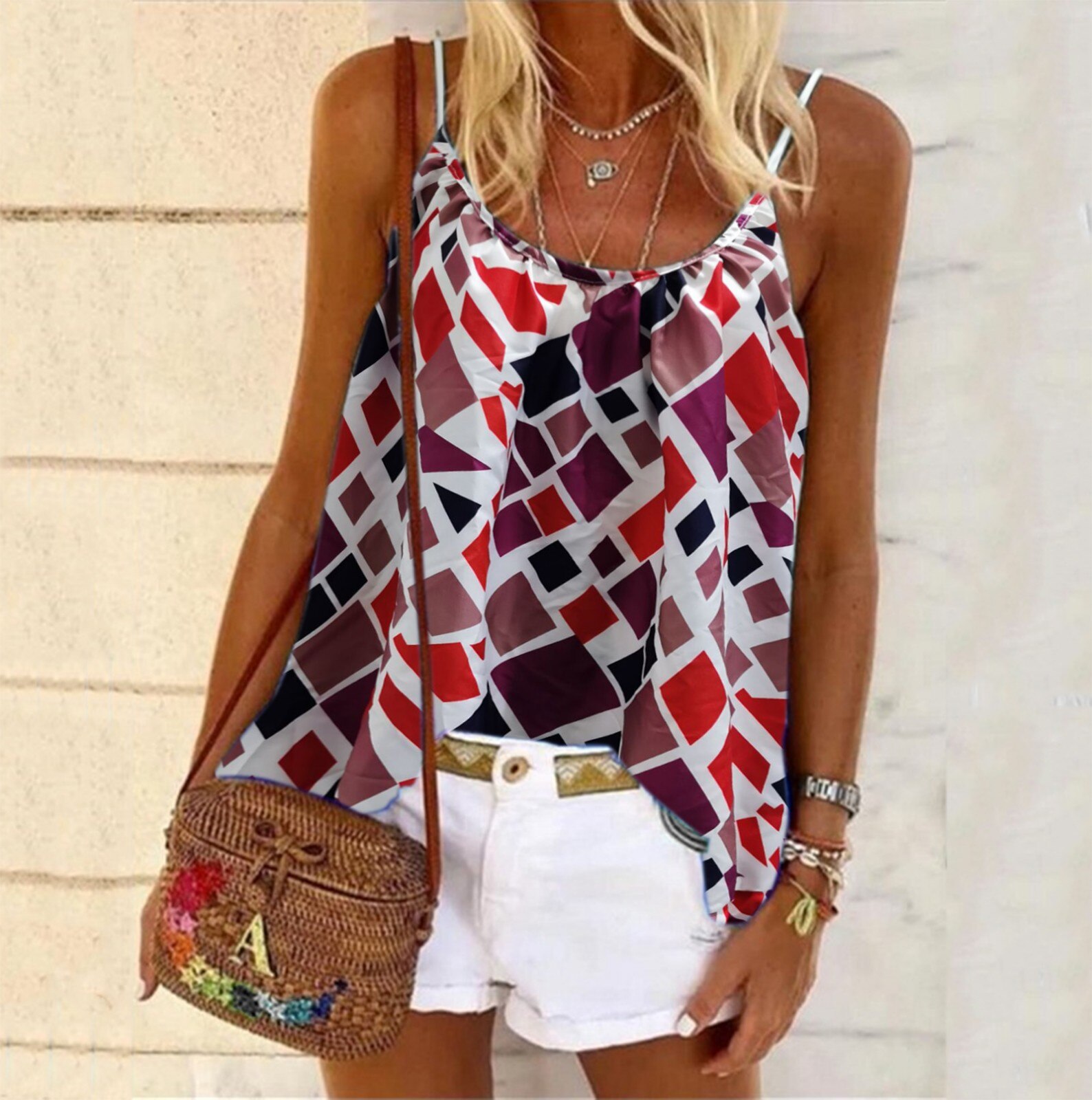 Fashion Women T-shirt Summer Bohemian Sleeveless Geometric Pattern Blouses Top 2021 Casual All-match Loose Women Clothes#fs