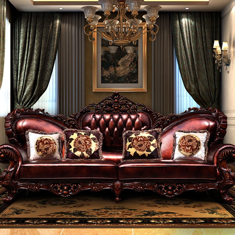 All Solid Wood Leather Sofa Combination European Style Sofa High-end Luxury Residential Furniture Large Apartment