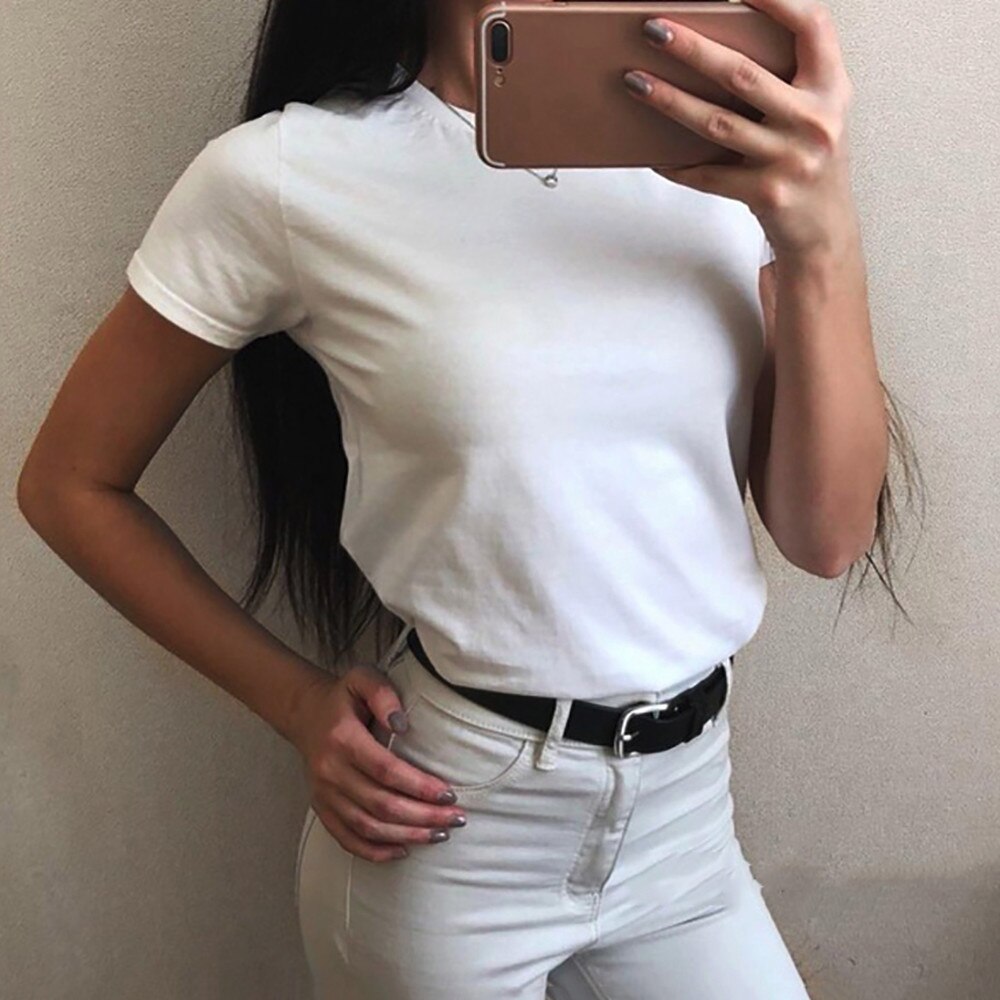 Summer Tshirts Women Basic Solid White Blouses O-neck Short Sleeves Pure Colortee Slim Black Grey Shirt For Women Camiseta Muje