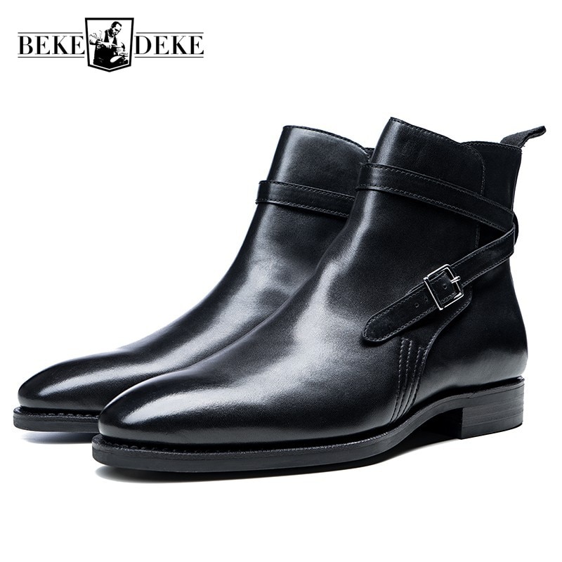 England Style Riding Boots Men Handmade Vintage Buckle Ankle Boots High Quality Business 100% Real Leather Pointed Toe Boots