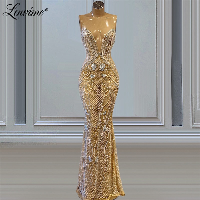 Lowime Beaded Evening Dresses Long Mermaid Dubai Evening Gowns Arabic Women Celebrity Dresses Vestidos De Fiesta 2021 Robes