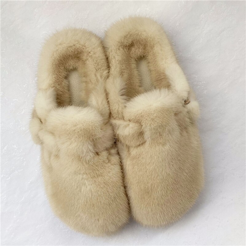 New Style Fur Slippers Ladies Winter Warm Shoes Real Mink Fur Slippers Household Furry Closed Toe Flat Shoes