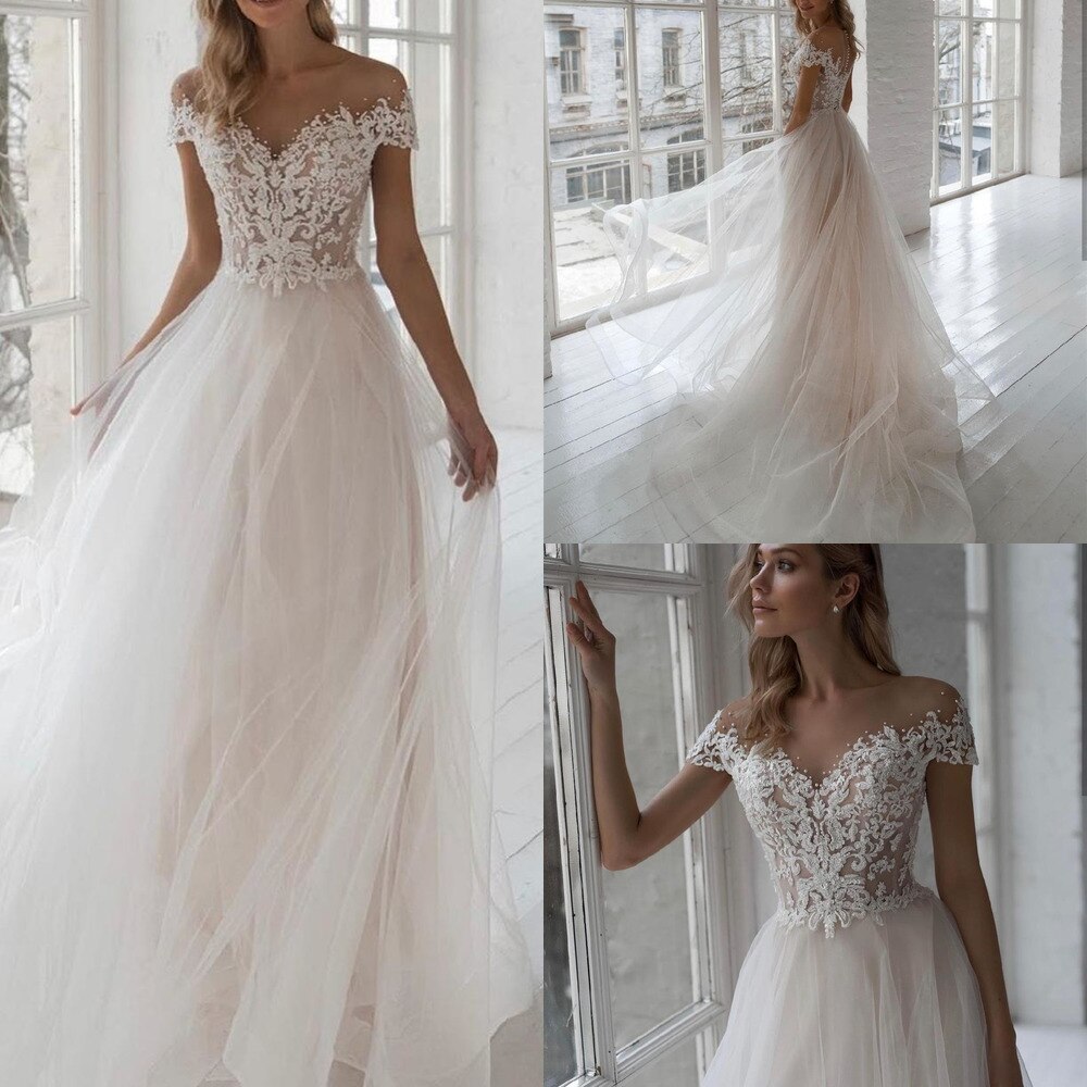 White Princess Wedding Dress A-Line Floor Length Lace Appliques V Neck Sweep Train Organza Tulle Robe De Mariee Vestido De Noiva
