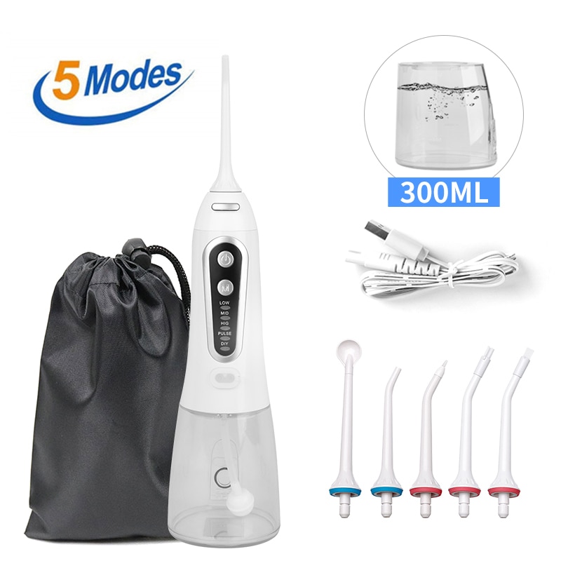 5 Modes Oral Irrigator Portable Water Dental Flosser 300ML USB Rechargeable Water Flosser Jet 5 Nozzles Waterproof Teeth Cleaner