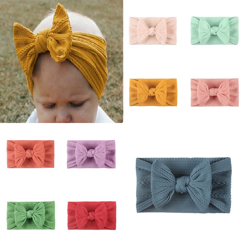 Baby Knitted Bow Jacquard Headdress Nylon Wide Turban Headband Candy Color Super Soft Baby Head Hoop Elastic Hair Bands Headwrap