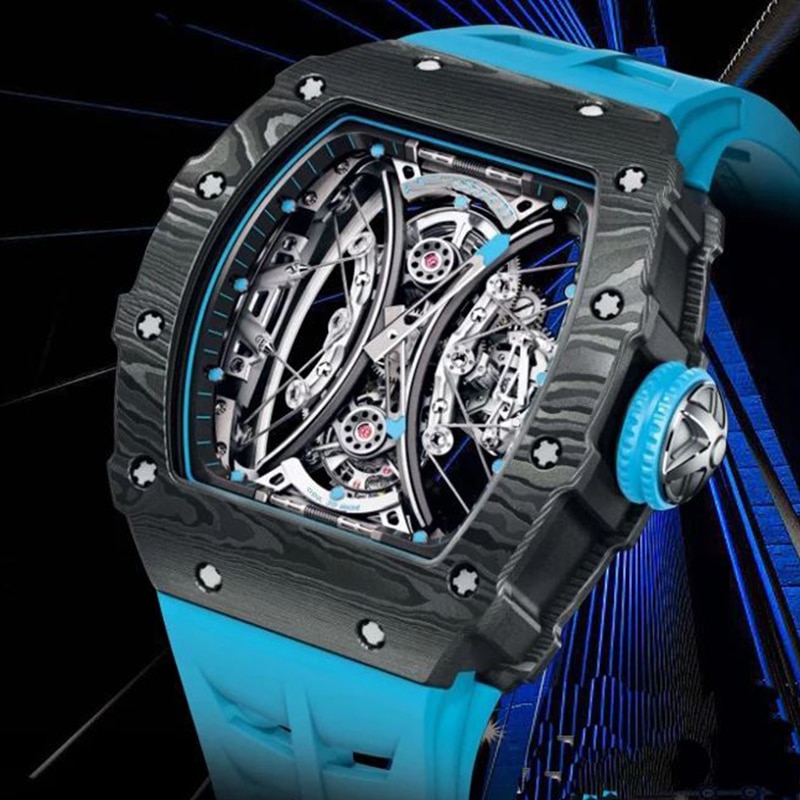 New men's limited edition skeleton automatic mechanical Richard watch blue rubber strap RM53-01 carbon fiber waterproof watch