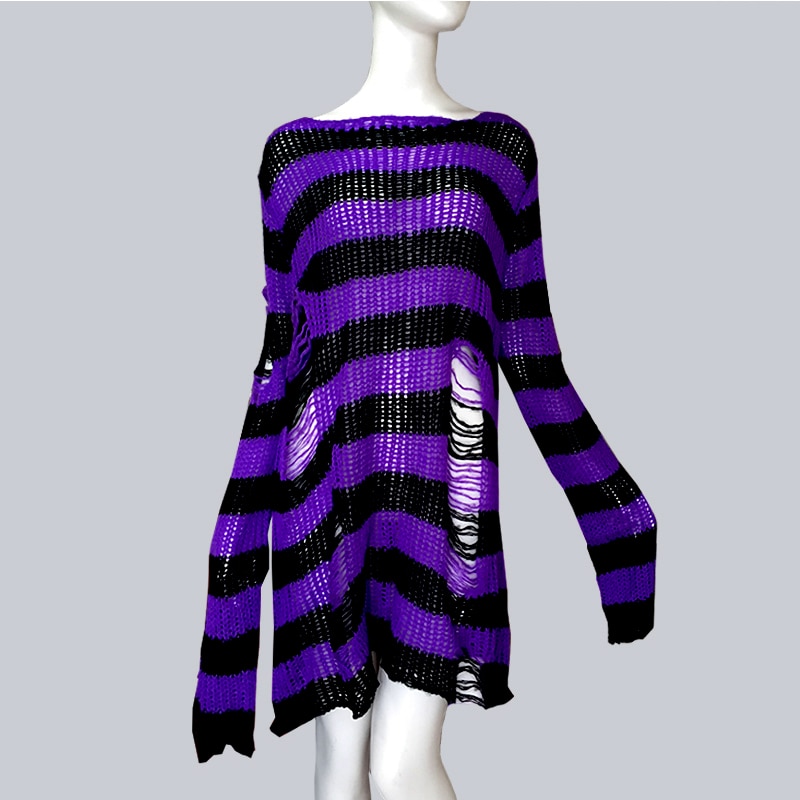 Plus Size Punk Gothic Long Unisex Sweater Dress Cool Hollow Out Hole Broken Jumper Loose Rock Thin Sweter 2020 Women Man Striped