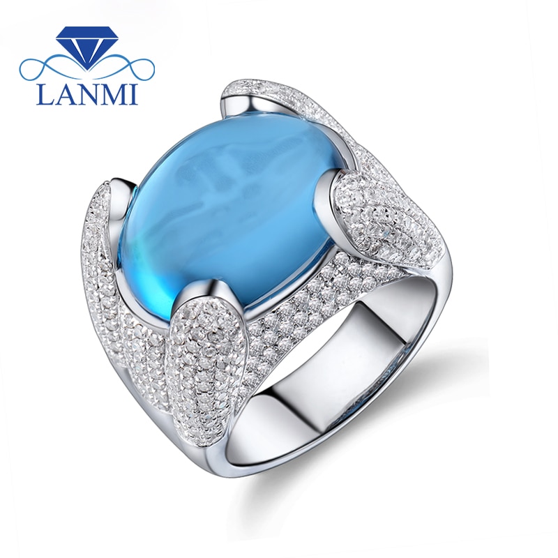 LANMI Vintage Oval 13x16mm Solid 14Kt White Gold Natural Dark Blue Topaz Ring SR187