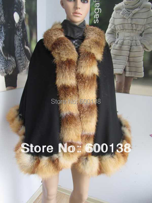 Free shipping cashmere cape with real red fox fur trim shawl