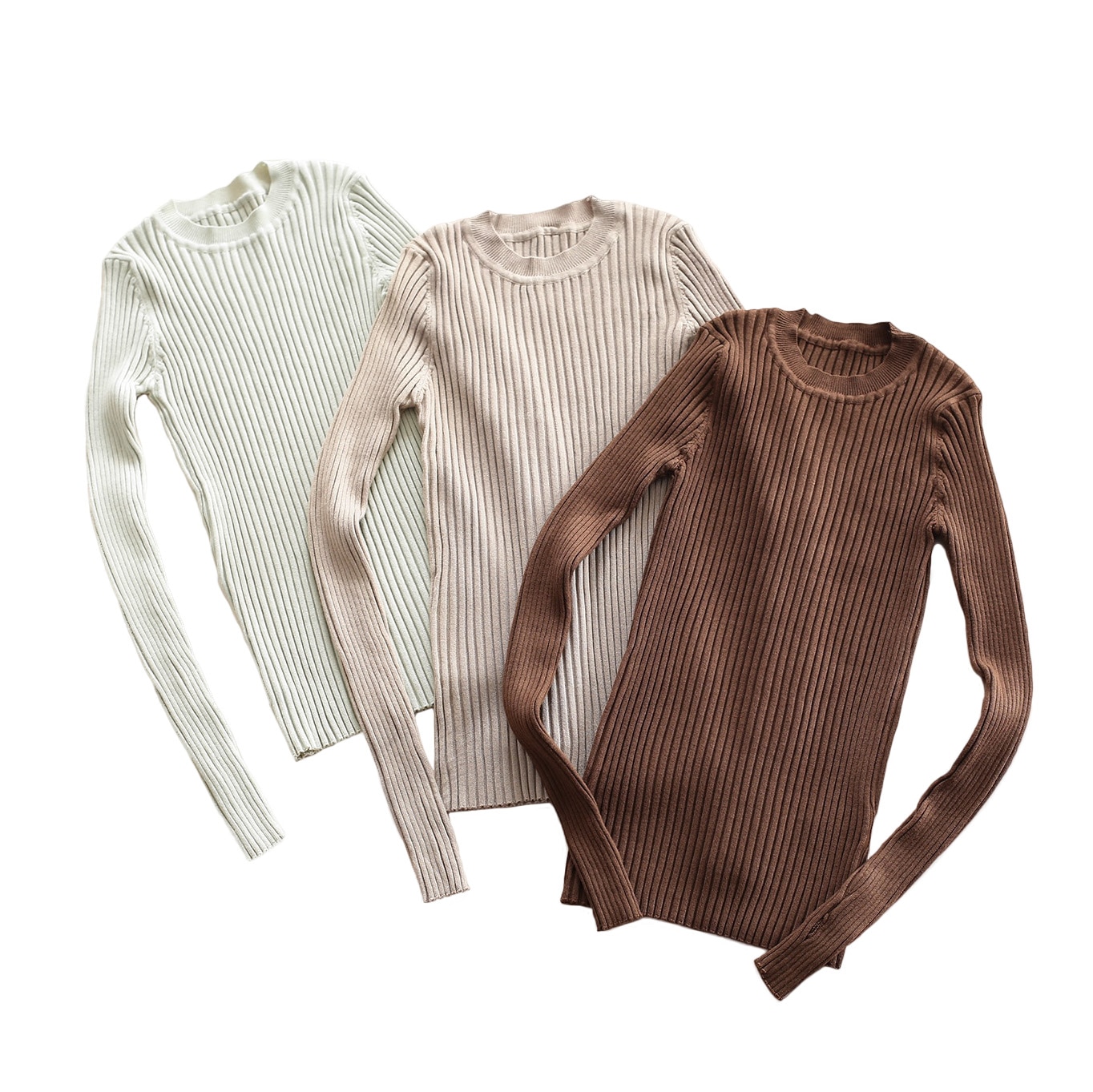 Women Sweater Pullover Basic Ribbed Sweaters Cotton Tops Knitted Solid Crew Neck With Thumb Hole