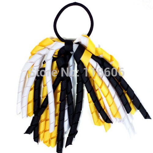 50pcs Black and yellow Korkers Hair Ties Streamer Yellow Korker Ponytail Hair Bows Free Shipping