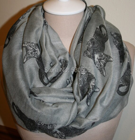 Cat Infinity Scarf-Grey Kitty Cat Print Scarf Chunky Infinity Scarf -Gray Cat