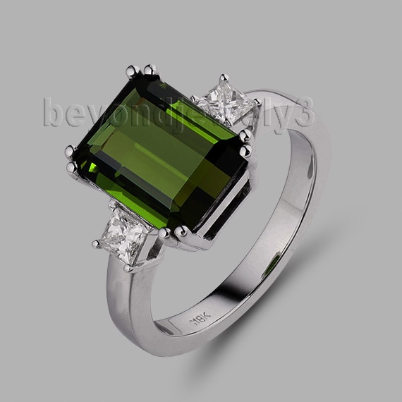 Hawaiian Wedding Rings Emerald Cut 7x9mm Green Tourmaline 18Kt White Gold Diamond Ring SR00100