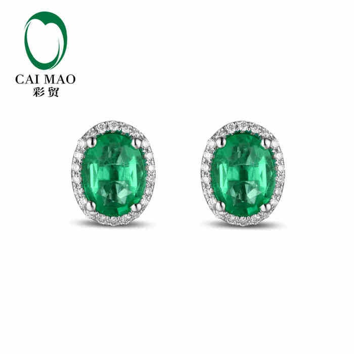 CaiMao 2.25 ct Natural Emerald 14KT/585 White Gold 0.22 ct Full Cut Diamond Stud Earrings Jewelry Gemstone