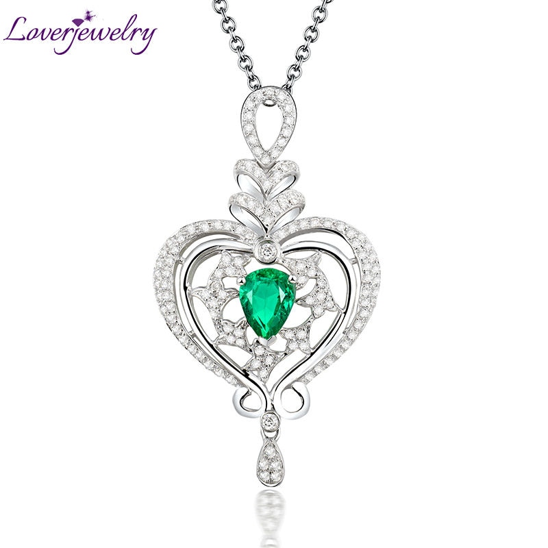 Pear 5x7mm Solid 18Kt White Gold Diamond Emerald Wedding Pendant Necklace Loving Gem Jewelry for Girlfriend WP068